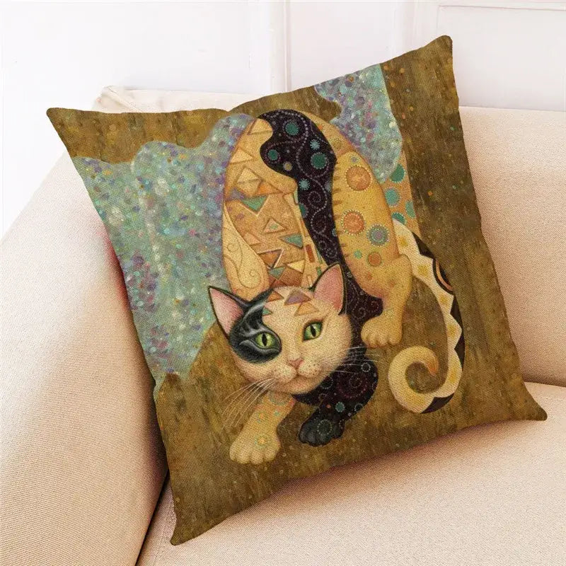 Artistic cat print black cushion cover set of 4 featuring stylized cat with green eyes and geometric patterns decorbites cat print