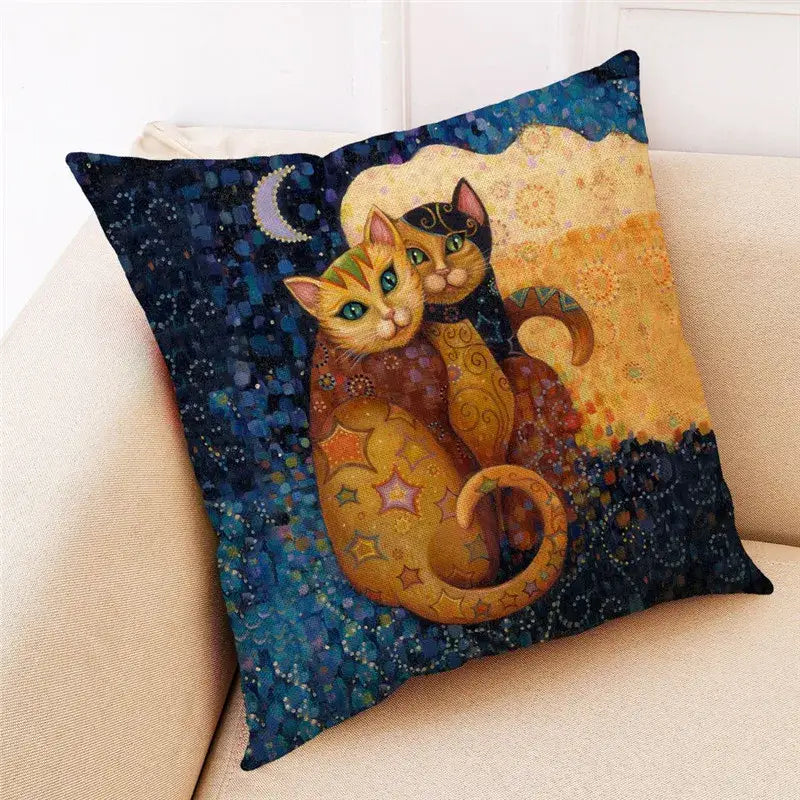 Square cat print black cushion cover set of 4 featuring vibrant stylized cats on a starry night sky for living room decor