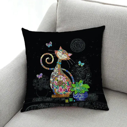 Black cushion cover set of 4 with colorful patchwork cat print featuring floral patterns and butterflies for living room decor