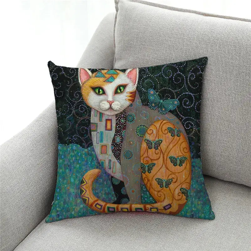 Artistic cat print black cushion cover set of 4 featuring stylized orange and white cat with green eyes on dark teal decorbites cat print background