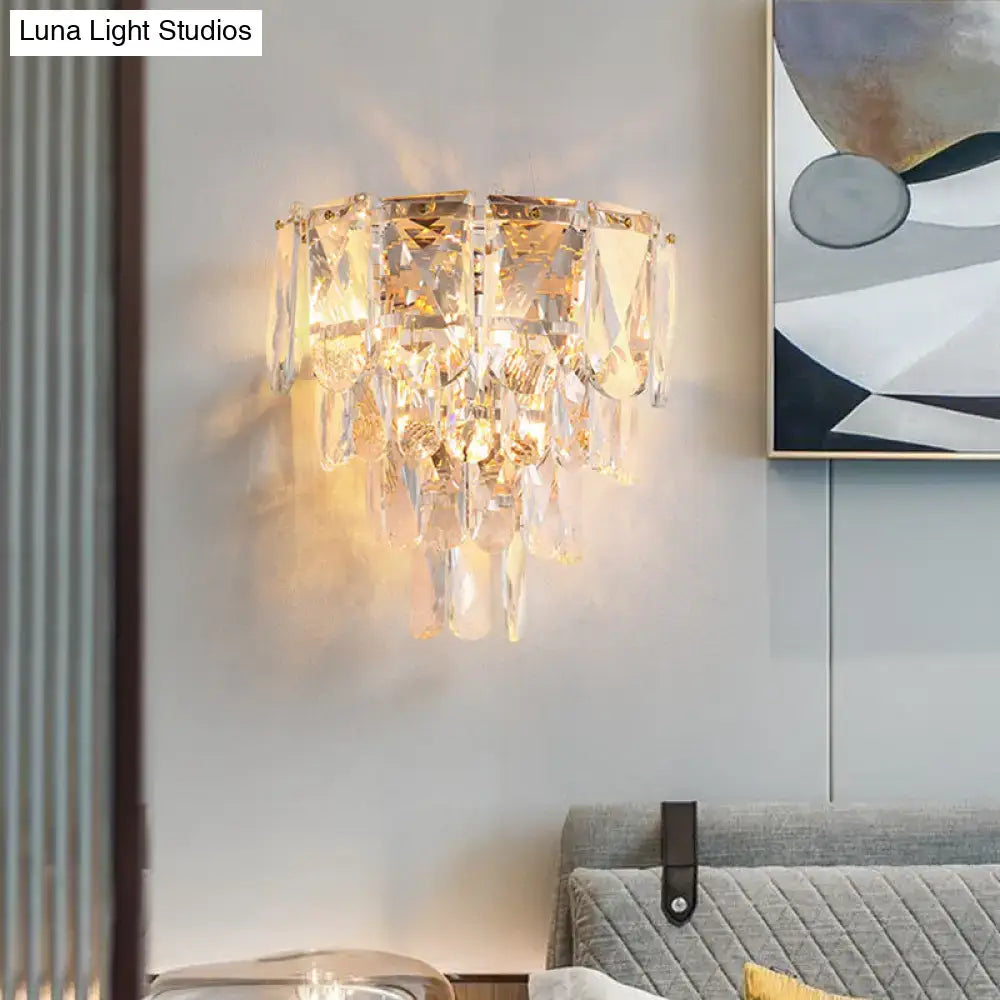 Artistic gold crystal tiered wall lamp with cascading faceted crystals for elegant living room wall light decor