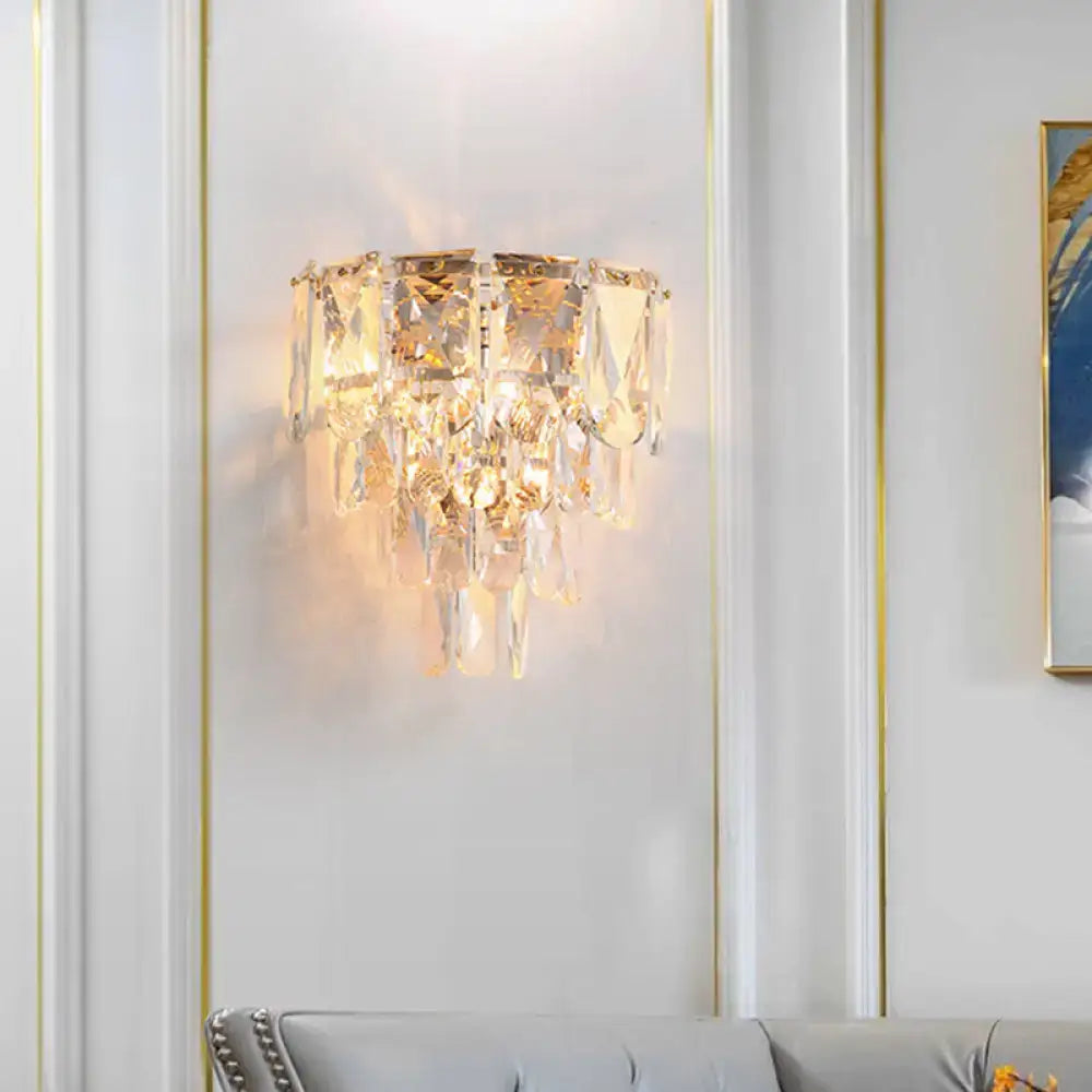 Artistic gold crystal tiered wall lamp with cascading teardrop crystals for elegant living room wall light decor