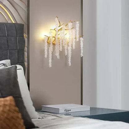 Artistic gold crystal wistaria ceiling chandelier with gold-toned wall sconce and cascading white crystal strands for dining room decorbites crystal wistaria
