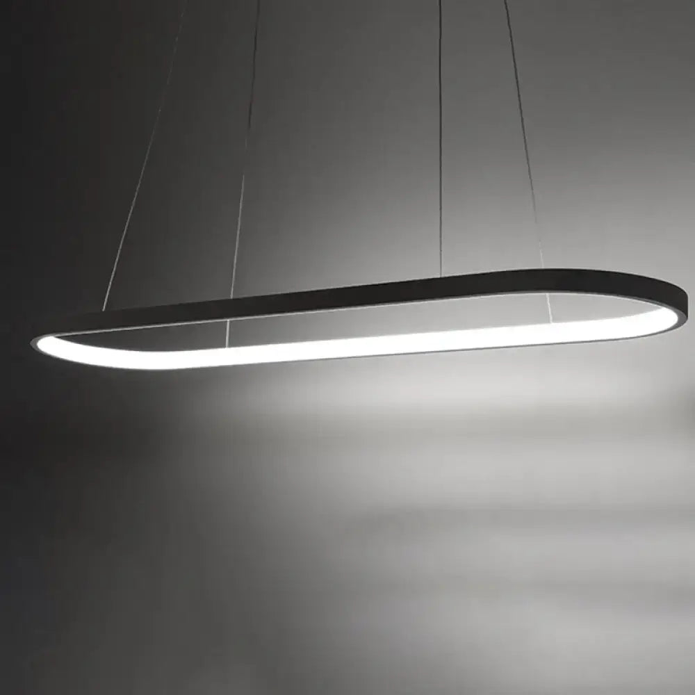 Modern black artistic metal dining pendant light fixture with sleek oval design and illuminated led strip for dining rooms