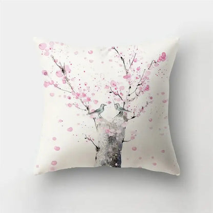 A square white short plush pillowcase with pink cherry blossom and bird design ideal for decorbites deer animal decor
