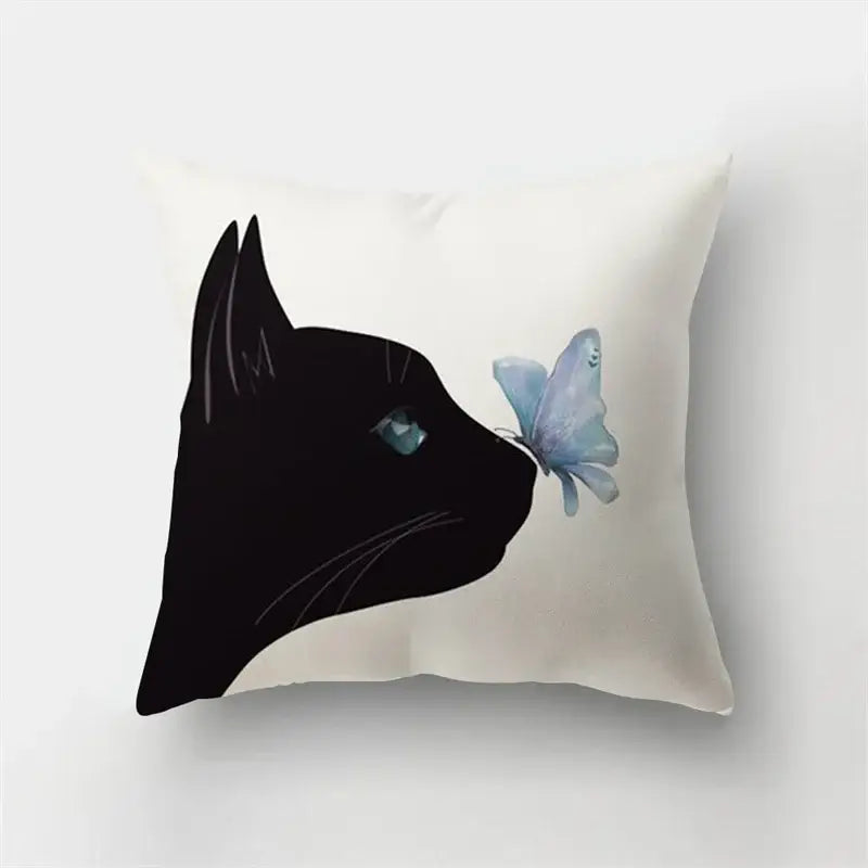 Cream-colored short plush cushion with black cat silhouette and teal eyes interacting with a light blue butterfly decorbites deer animal short pillowcase