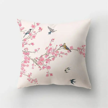 A soft cream-colored short plush pillowcase with pink cherry blossoms and birds for decorbites deer animal decor