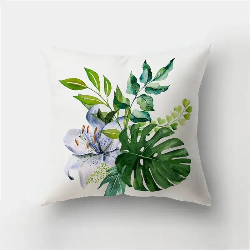 White short plush throw pillow with watercolor green foliage and light purple lilies for decorbites deer animal short decor