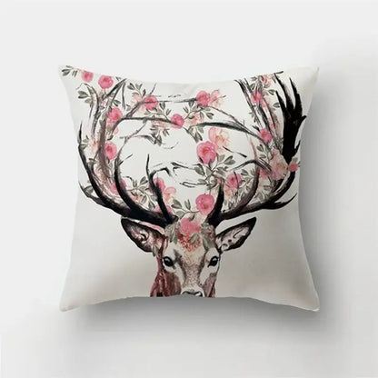 White short plush throw pillowcase featuring a decorbites deer animal with black antlers and pink flowers bedroom decor