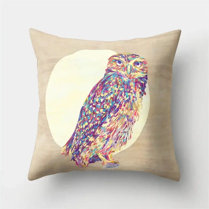 Beige pillow cover with vibrant multicolored owl illustration on cream background for decorbites cute owl cushion decor