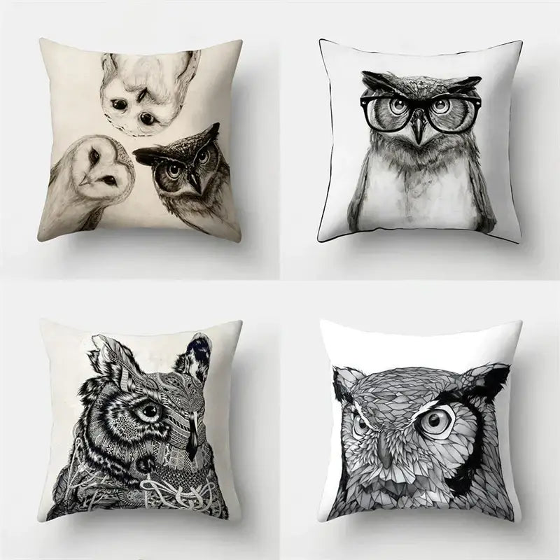 Four square pillow covers with distinct black-and-white owl illustrations on light fabric for decorbites cute owl decor