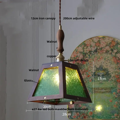 Rustic ash wood dome pendant lamp with dark walnut frame green textured glass panels and copper accents for decorbites ash wood decor