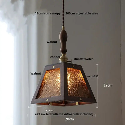 A rustic ash wood pendant lamp with dark walnut frame copper accents and etched glass panels by decorbites ash wood