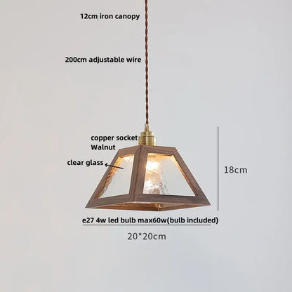 Ash wood dome pendant lamp with walnut frame, clear textured glass panels, and brass copper socket for decorbites ash wood