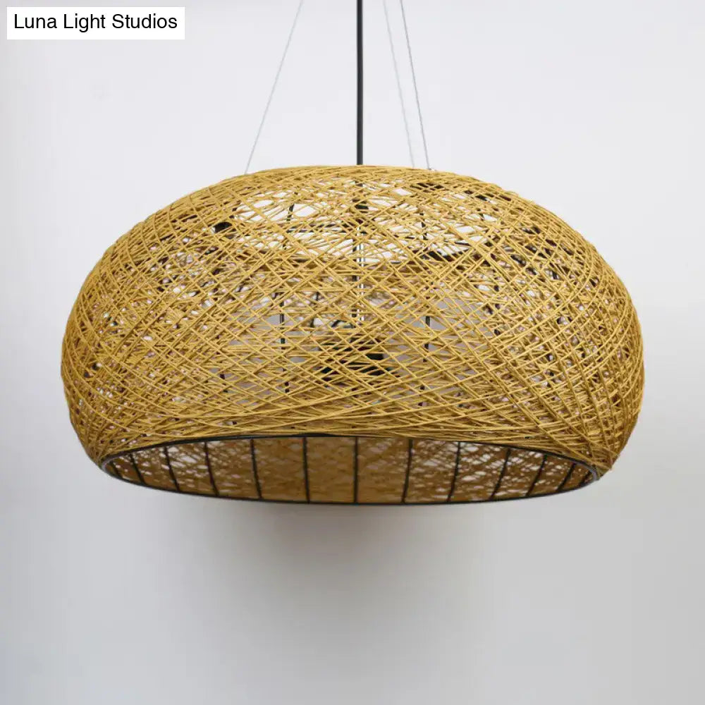 Golden woven rattan dome pendant light with black metal grid base for dining room e26 e27 bulb base use