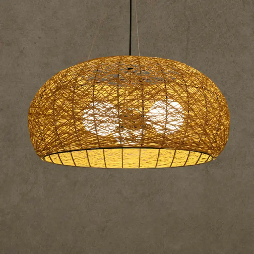 Warm-toned handwoven asian rattan dome pendant light with subtle geometric patterns and e26 e27 bulb base for dining room