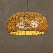 Warm-toned handwoven asian rattan dome pendant light with subtle geometric patterns and e26 e27 bulb base for dining room