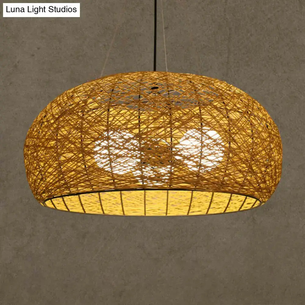 Warm-toned asian rattan dome pendant light with subtle grid pattern and e26 e27 bulb base for dining room use