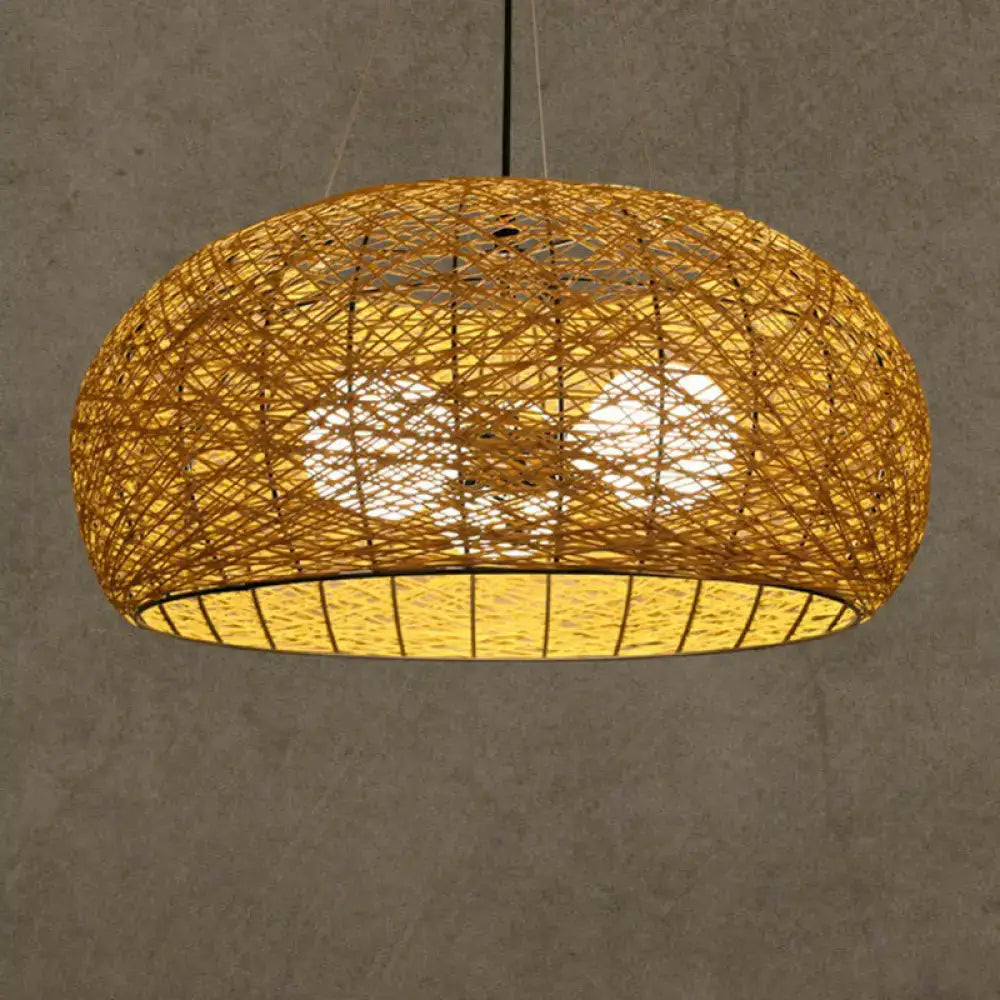 Warm-toned Asian rattan dome pendant light with crisscross pattern and e26 e27 bulb base for dining room use