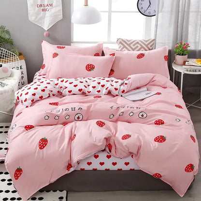 Pink strawberry-themed bedding set with red fruit and heart patterns on soft fabric decorbites cartoon lattice floral design