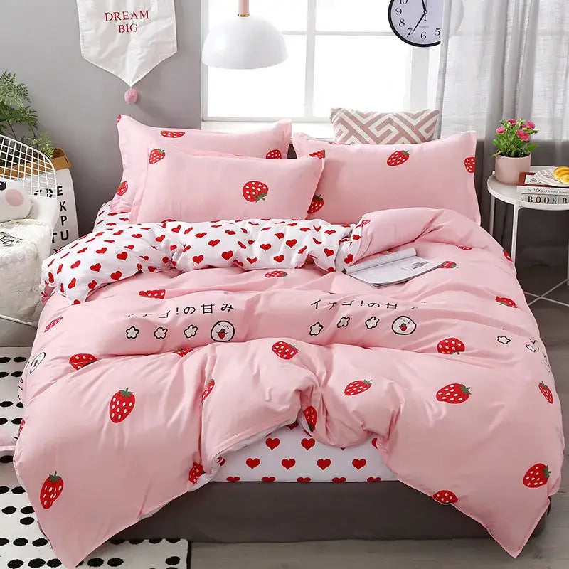 Pink strawberry-themed bedding set with red fruit and heart patterns on soft fabric decorbites cartoon lattice floral design