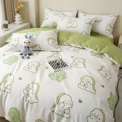 Cute green and white dinosaur-themed bedding set with soft plush fabric from decorbites cartoon lattice floral collection
