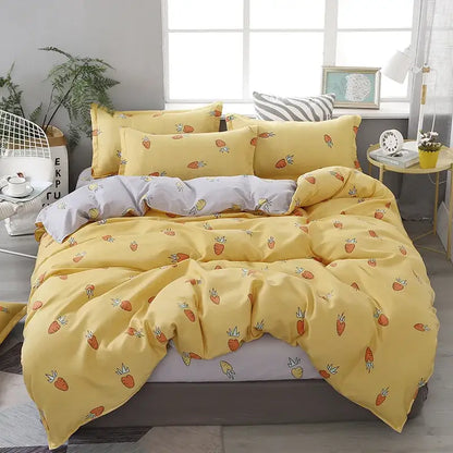 Yellow carrot-patterned bedding set with soft texture and playful design in a decorbites cartoon lattice floral bedroom