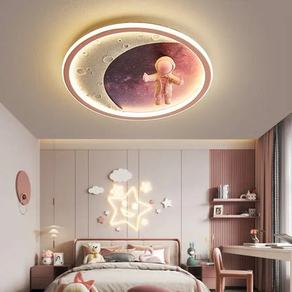 Astronaut crescent moon led ceiling light in soft pink and gold tones with starry purple backdrop for decorbites boys room ceiling lamp