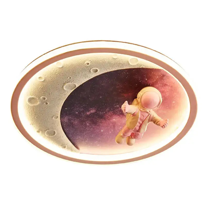 Oval-shaped led ceiling light with moon design and golden astronaut figurine for decorbites boys room ceiling lamp
