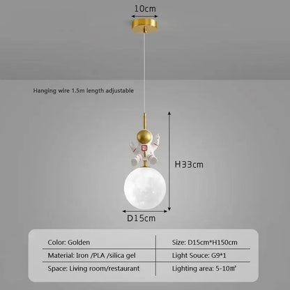 Golden astronaut moon white and gold led pendant light with spherical lampshade made of iron pla and silica gel