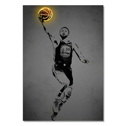 Stylized black-and-white canvas prints of a golden state warriors player with neon style glowing orange basketball for style wall art