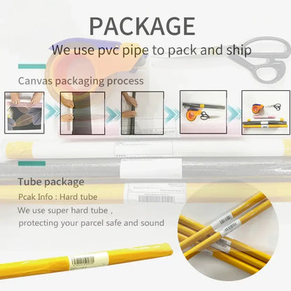 Yellow hard tube packaging wrapped in clear plastic with barcode stickers for decorbites athlete pop art canvas prints