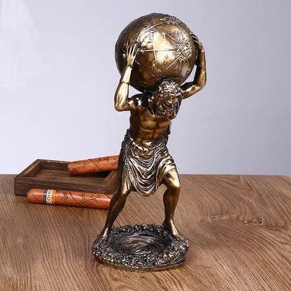 Bronze-colored decorbites atlas resin statue of greek titan atlas bearing a detailed globe on an ornate circular base