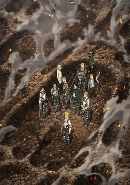 DecorBites™ attack on titan final season anime canvas art showing characters in military uniforms on fiery battlefield