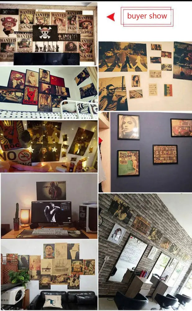 A collection of vintage-style black and white and sepia titan final season posters on canvas for anime decor