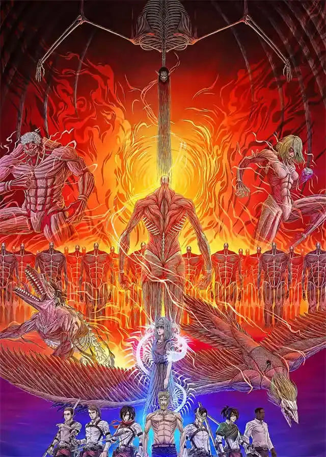 Decorbites™ anime attack on titan final season canvas poster featuring muscular titan and monsters on fiery background