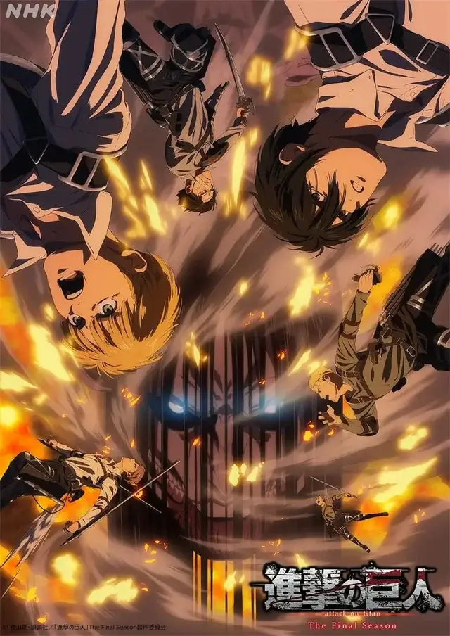 Vibrant decorbites™ attack on titan final season poster featuring dynamic characters in fiery explosive titan final scene