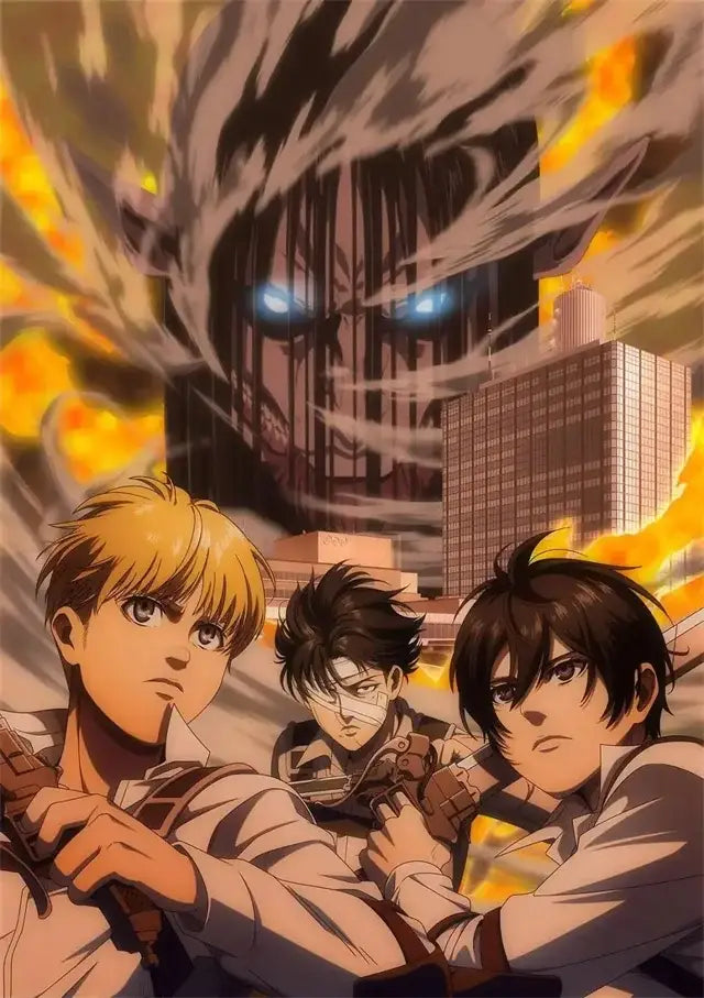 Decorbites™ attack on titan final season poster featuring a dark titan with glowing blue eyes over burning cityscape