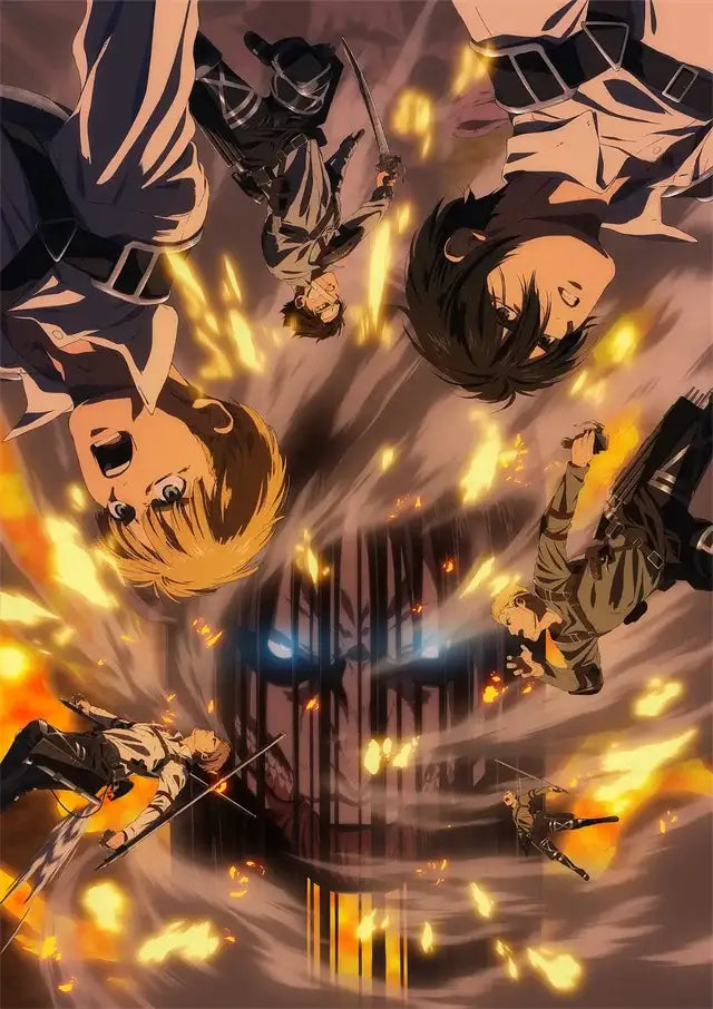 A dramatic anime poster for kids room featuring titan final season characters in dynamic poses with fiery explosions