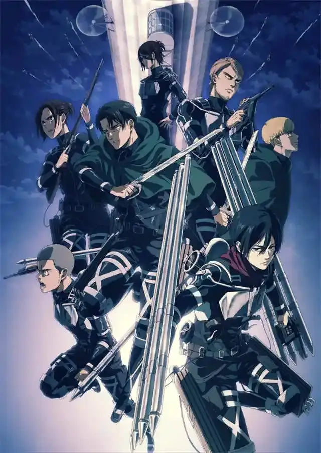 A DecorBites™ titan final season poster featuring animated characters in dark armored uniforms with white cross markings for kids room