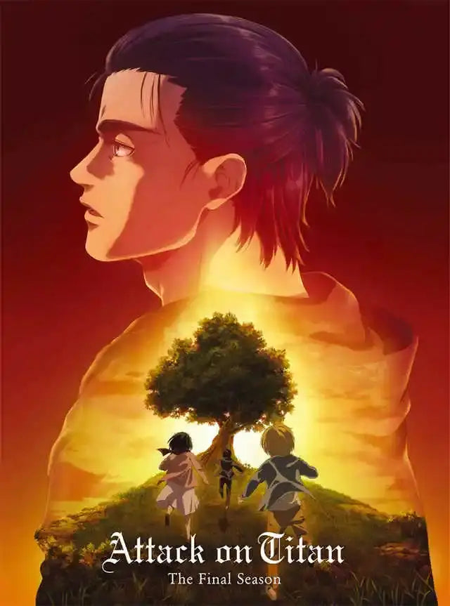 Stylized anime poster decorbites™ attack on titan final season with dark silhouetted figure against fiery sky for kids room wall art