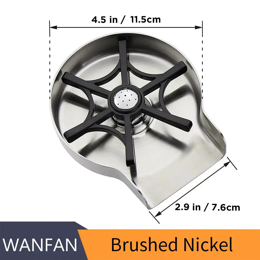 Brushed nickel automatic black plastic glass rinser drip tray with spiderweb-style spout for home bar use
