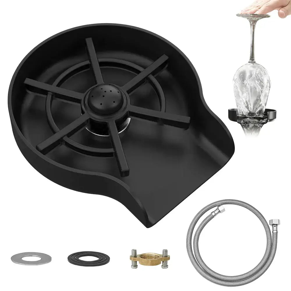Automatic black plastic glass rinser with central spout, radial slots, metal hose, and mounting hardware for home bar use