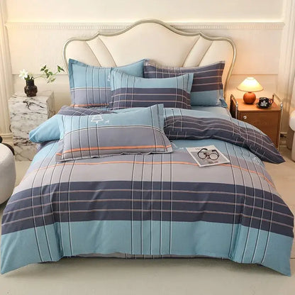Blue and gray plaid duvet cover set with orange accent stripes in brushed cotton for autumnal leaf cream bedroom decor