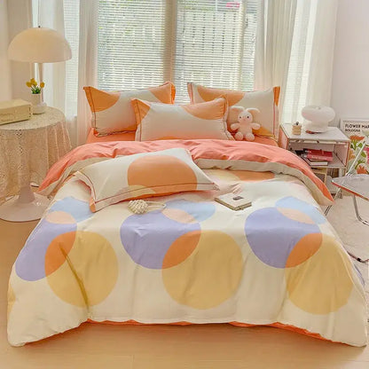 Pastel-colored autumnal leaf cream brushed cotton duvet cover set featuring playful orange lavender and yellow circle pattern