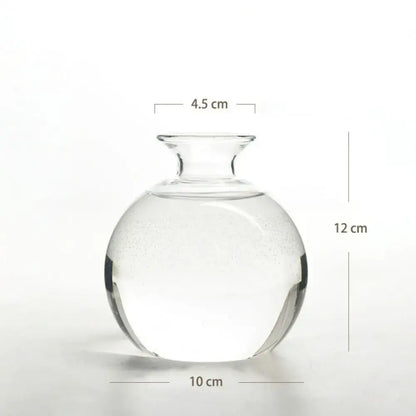 A clear glass hydroponic vase with a rounded body and narrow neck for avocado seed starter measuring 12 cm tall