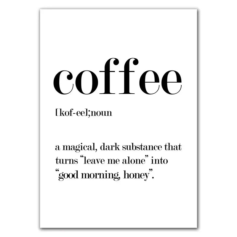 Black serif text defines coffee on a white awakened aromas canvas print by decorbites for kitchen coffee wall art decorbites awakened aromas