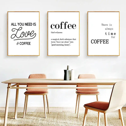 Three framed decorbites awakened aromas canvas prints with minimalist black text on white backgrounds in gold frames