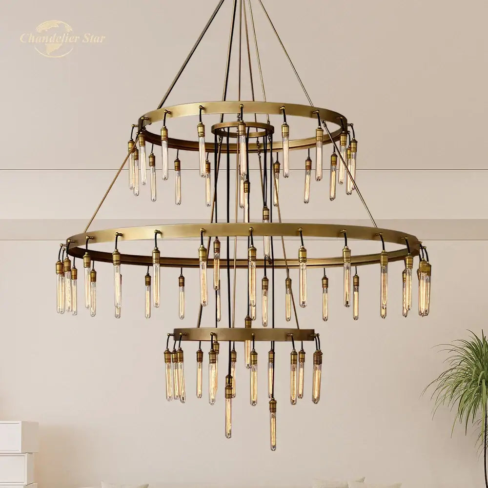 Axis black brass led round chandelier featuring a brass double-tier frame with vintage edison bulb fixtures for living room use
