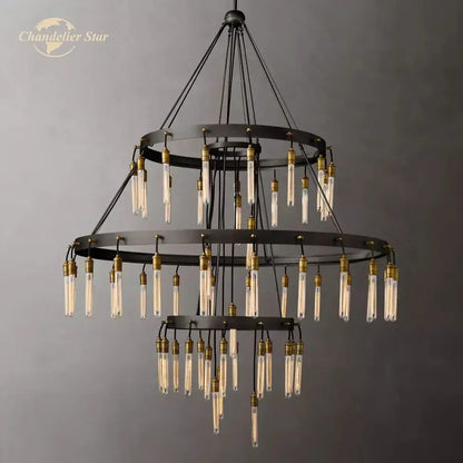 Industrial-style axis black brass led round chandelier with three tiers of black metal rings and clear glass bulbs